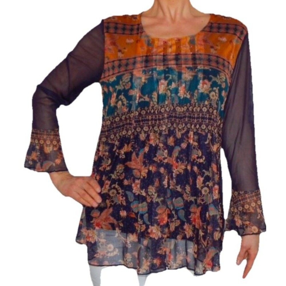 Desigual Sz XL Aurem Barocco jacquard  Mesh Top Blouse Layered Blue Orange Spain